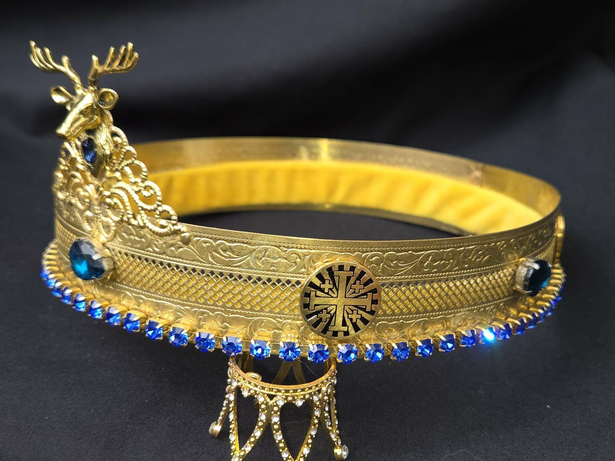 Golden Hind Ducal Crown. Sapphire Blue Glass Rhinestones. Golden Cross Medallions, detail 4