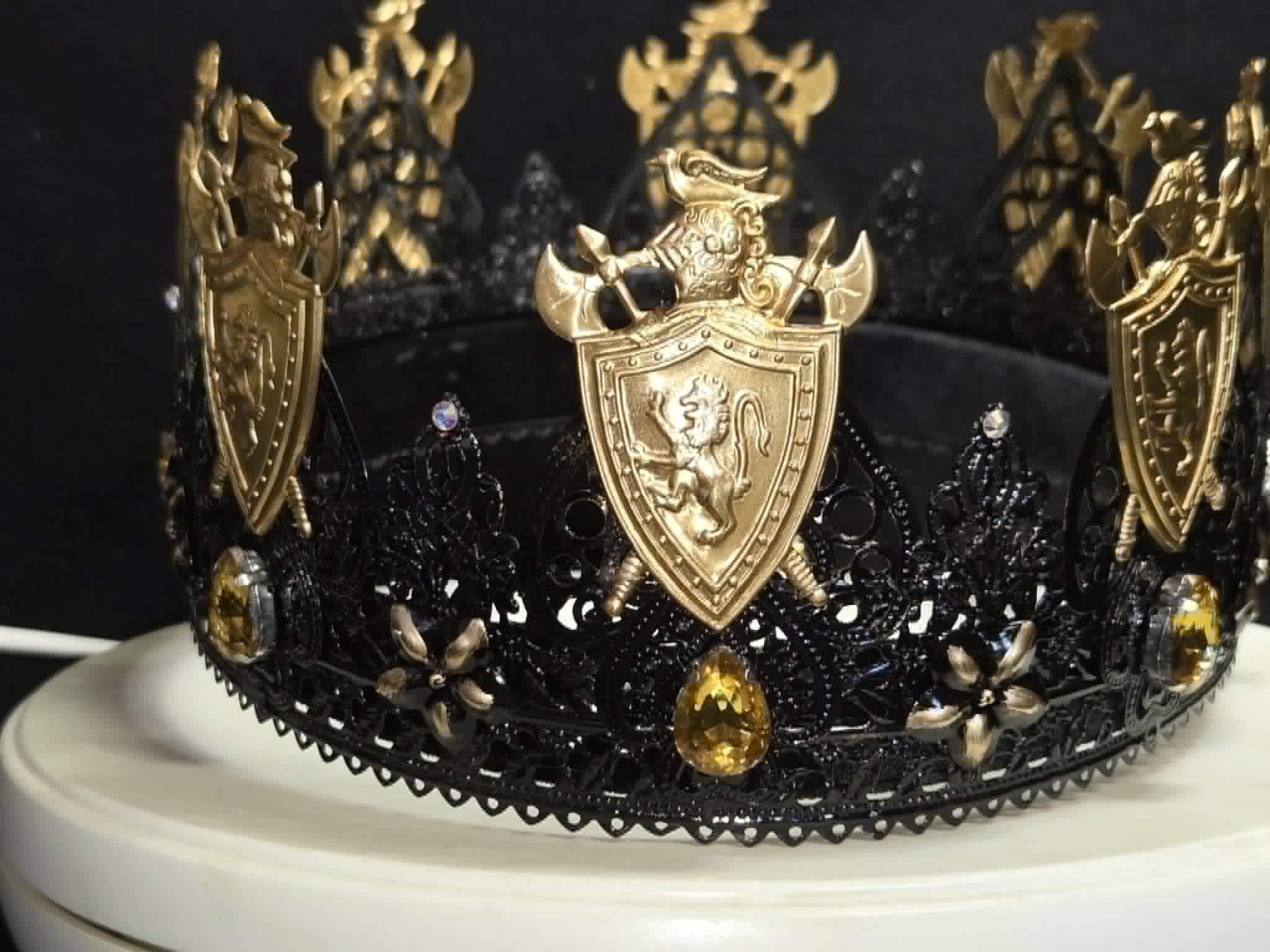 The Dark King Crown, a fun Halloween/Party Crown. Black Lacquer and Amber Rhinestones