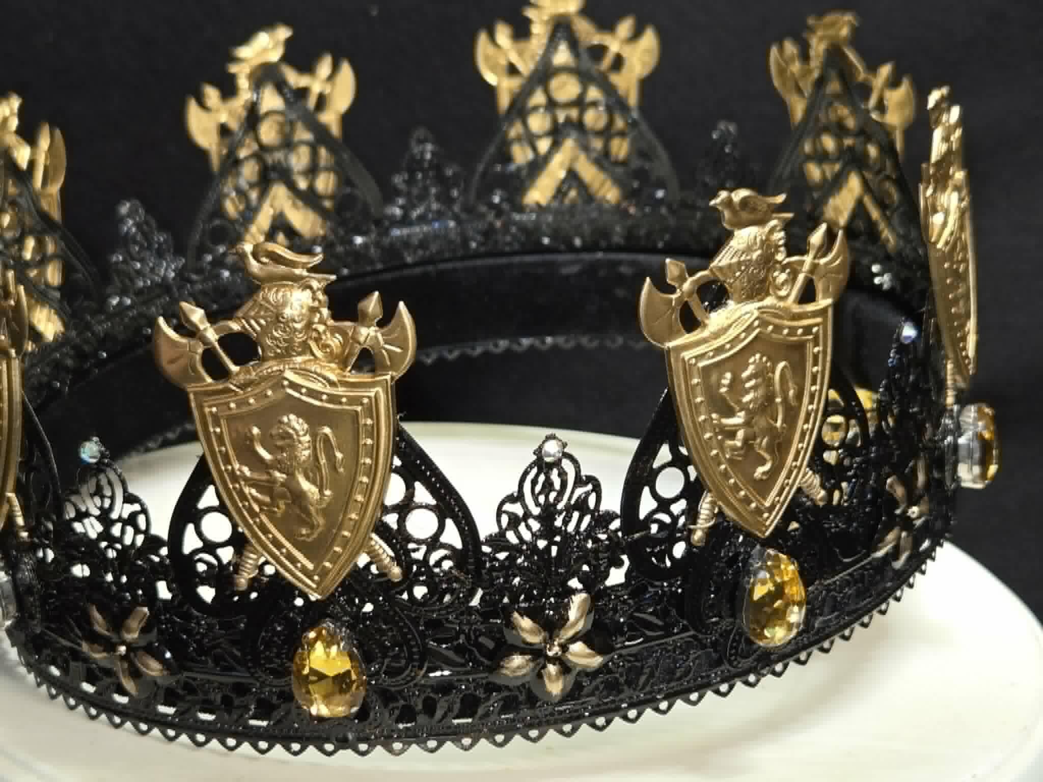 The Dark King Crown, a fun Halloween/Party Crown. Black Lacquer and Amber Rhinestones, detail 2
