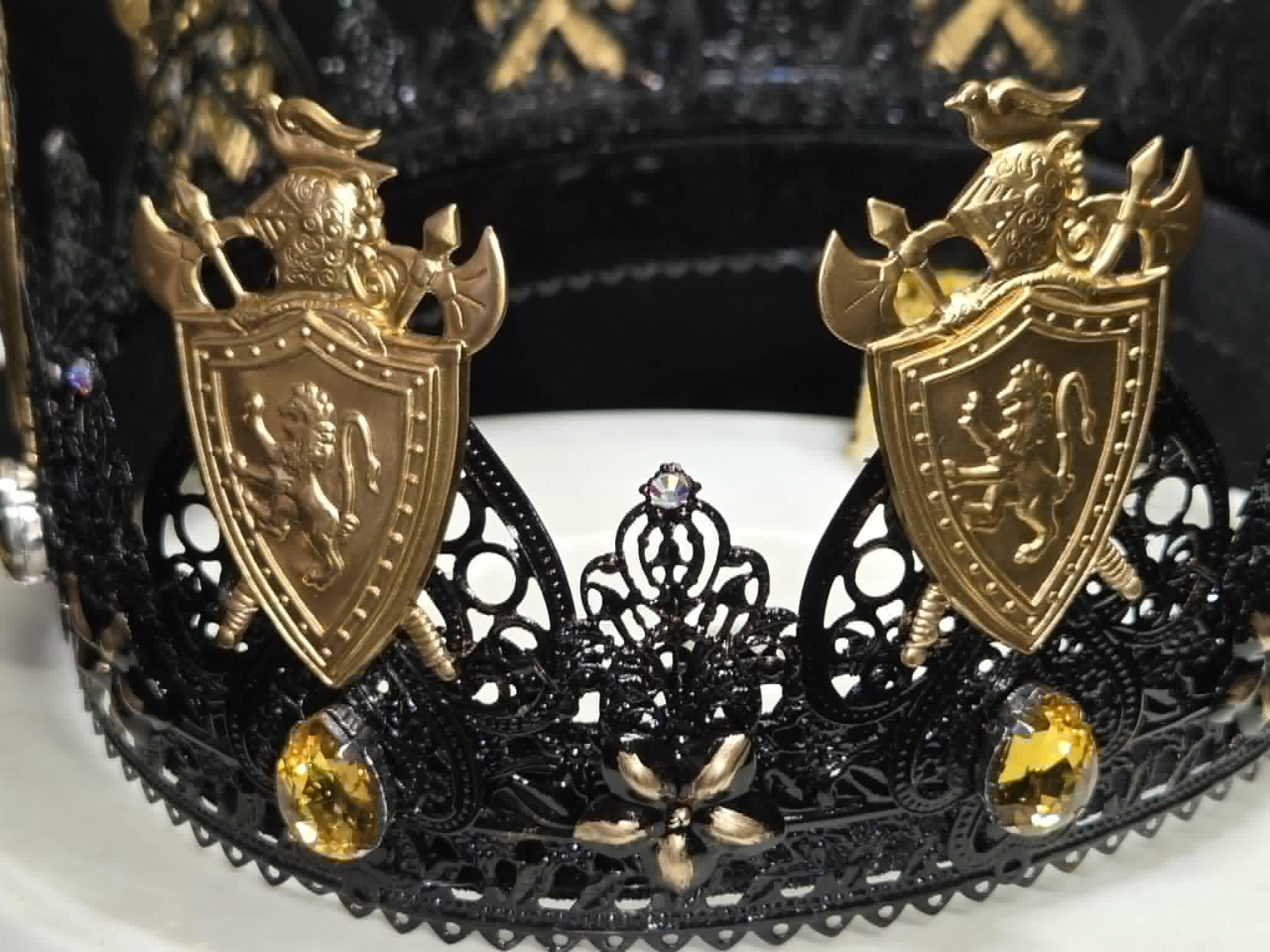 The Dark King Crown, a fun Halloween/Party Crown. Black Lacquer and Amber Rhinestones, detail 3