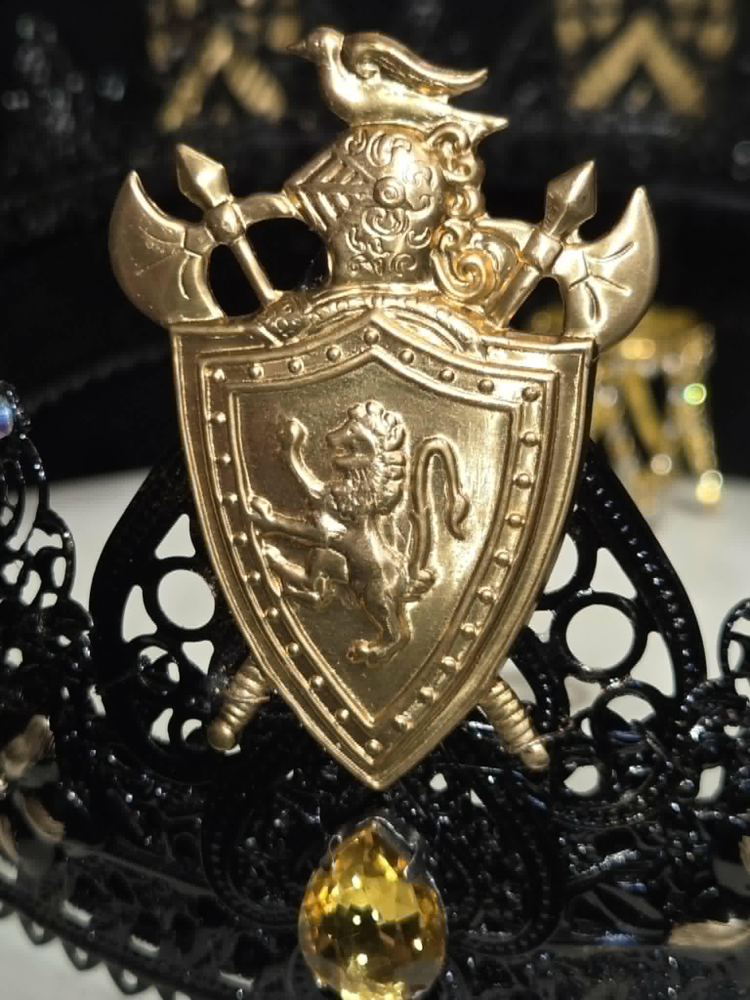 The Dark King Crown, a fun Halloween/Party Crown. Black Lacquer and Amber Rhinestones, detail 4