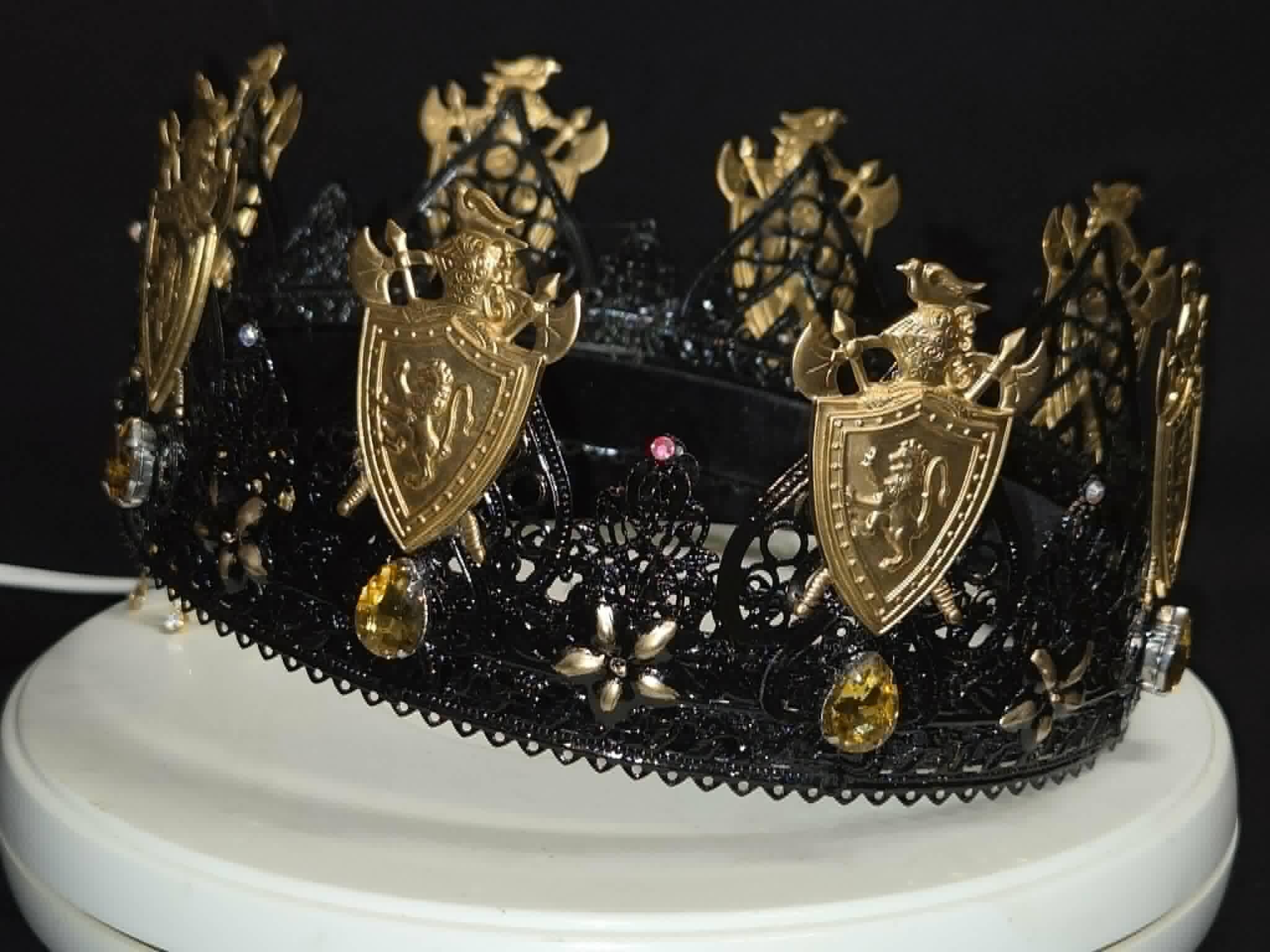 The Dark King Crown, a fun Halloween/Party Crown. Black Lacquer and Amber Rhinestones, detail 5