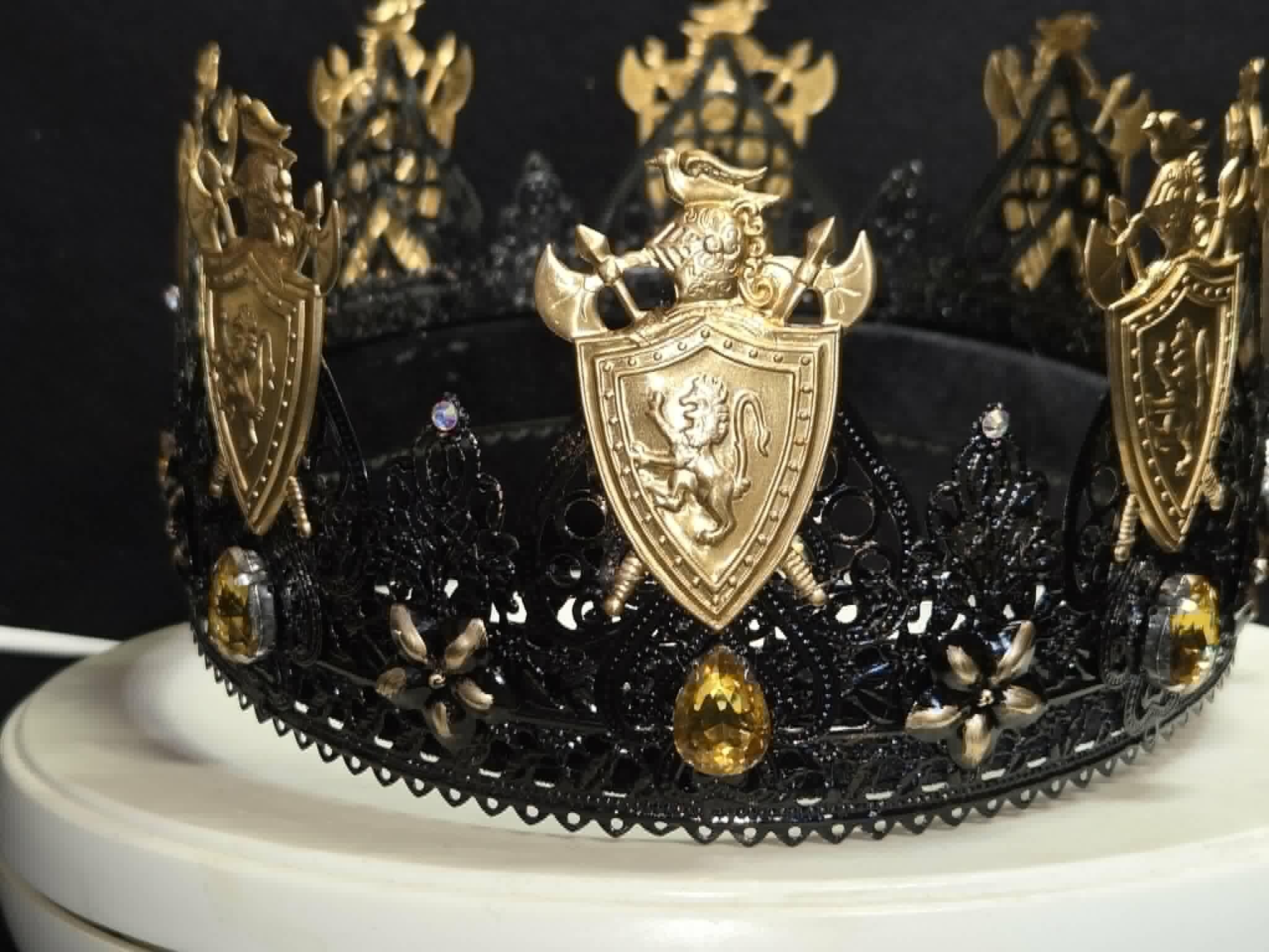 The Dark King Crown, a fun Halloween/Party Crown. Black Lacquer and Amber Rhinestones, detail 6