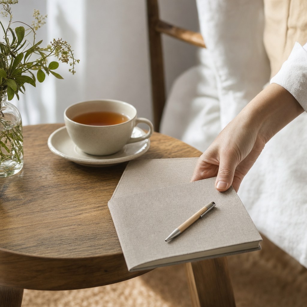 A notebook and cup of tea on a wooden table