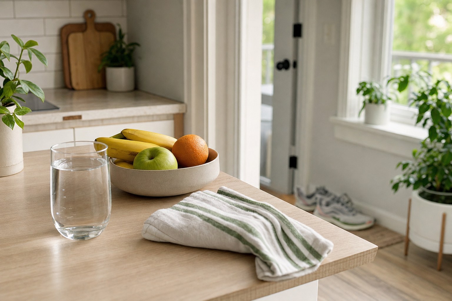 Water, fruit, a kitchen towel, and walking shoes ready for an everyday reset