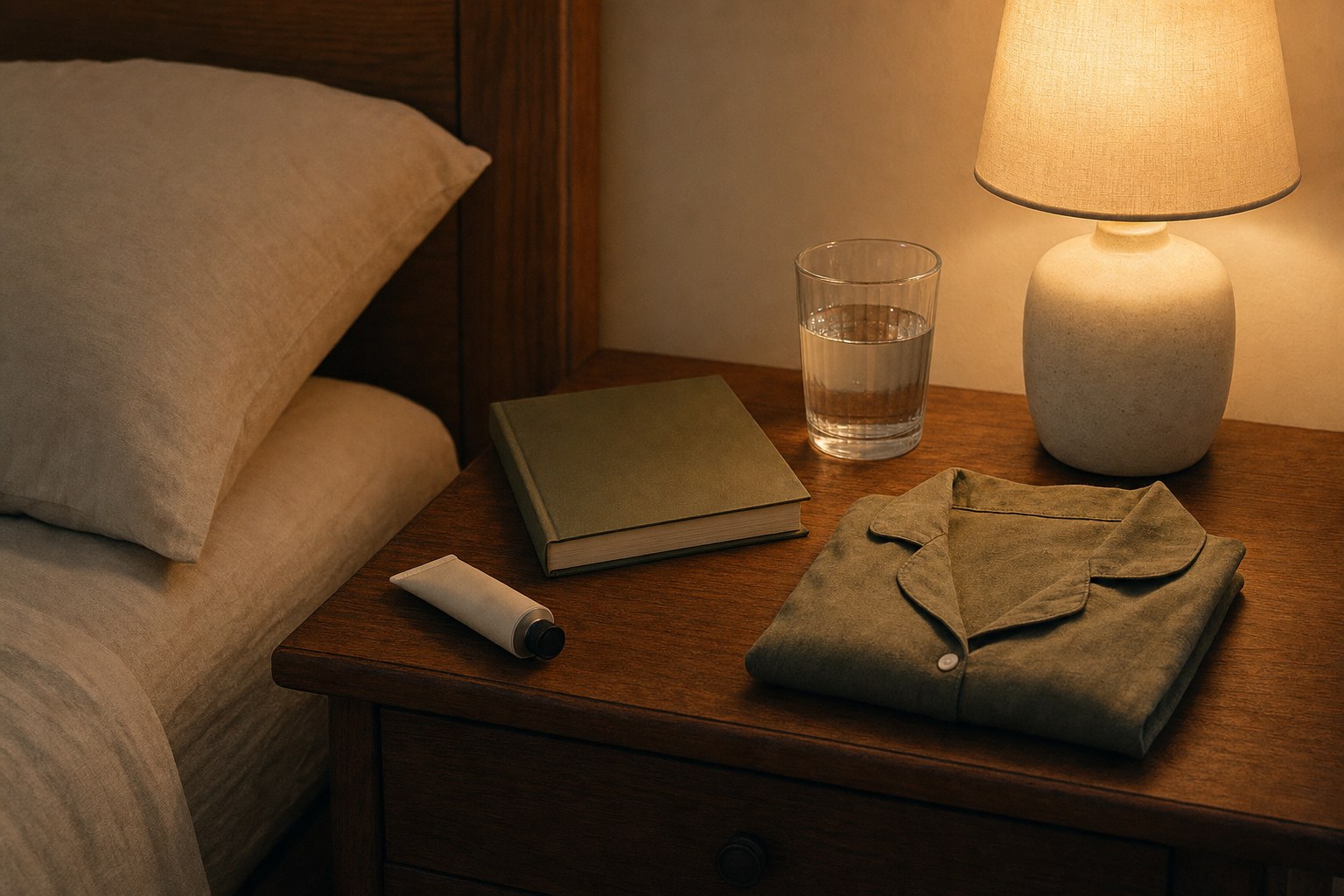 A calm bedside table with a lamp, water, book, hand cream, and folded sleep shirt