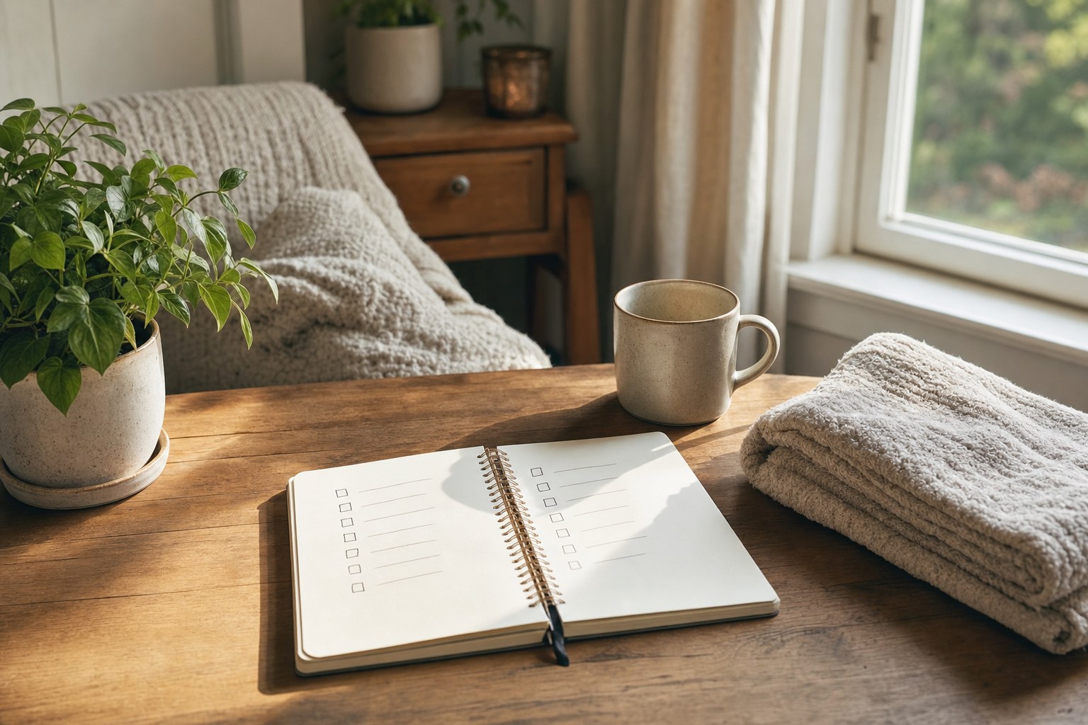 An open checklist notebook, mug, plant, and folded towel on a sunlit table