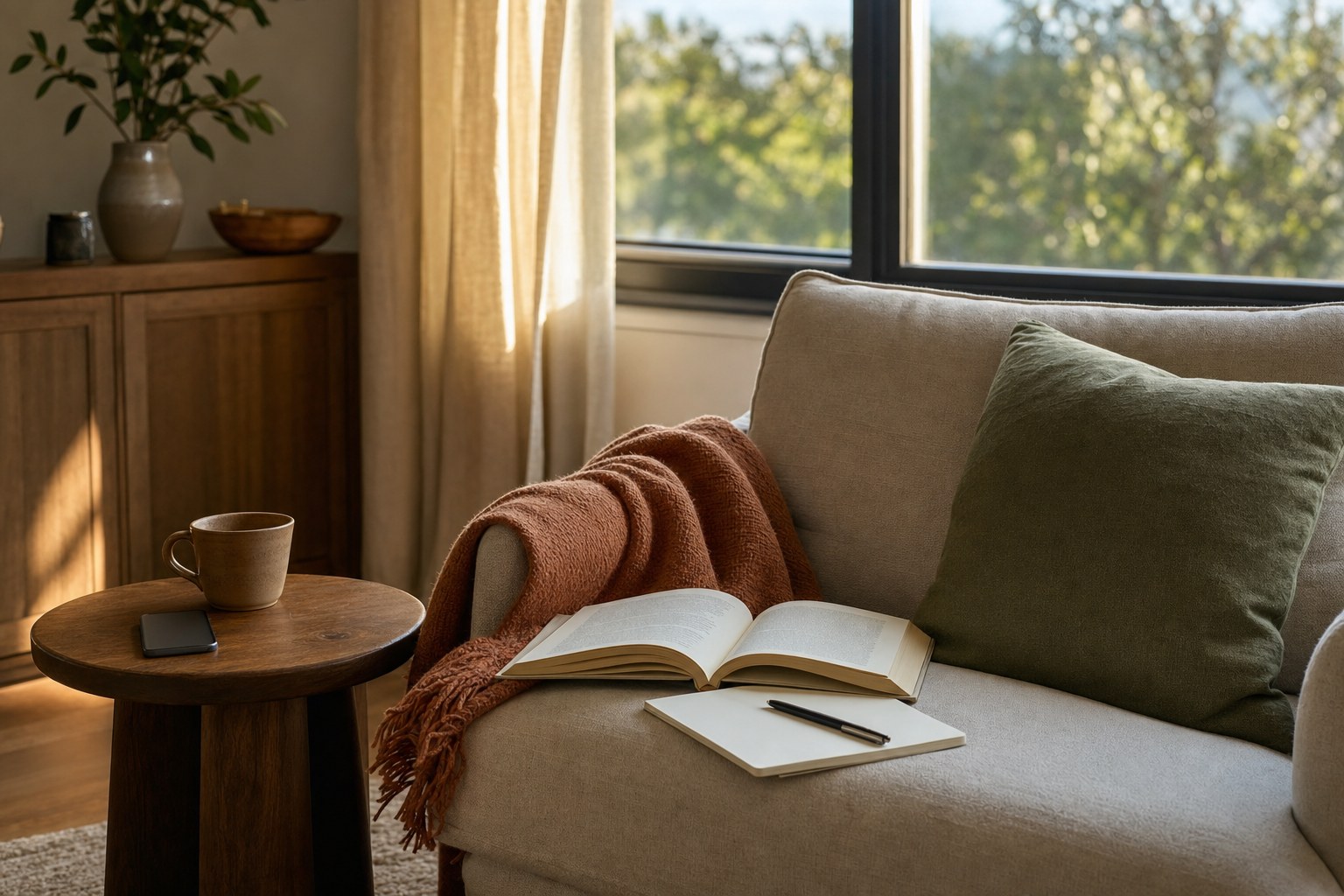 A quiet chair with a book, notebook, soft throw, and phone set aside