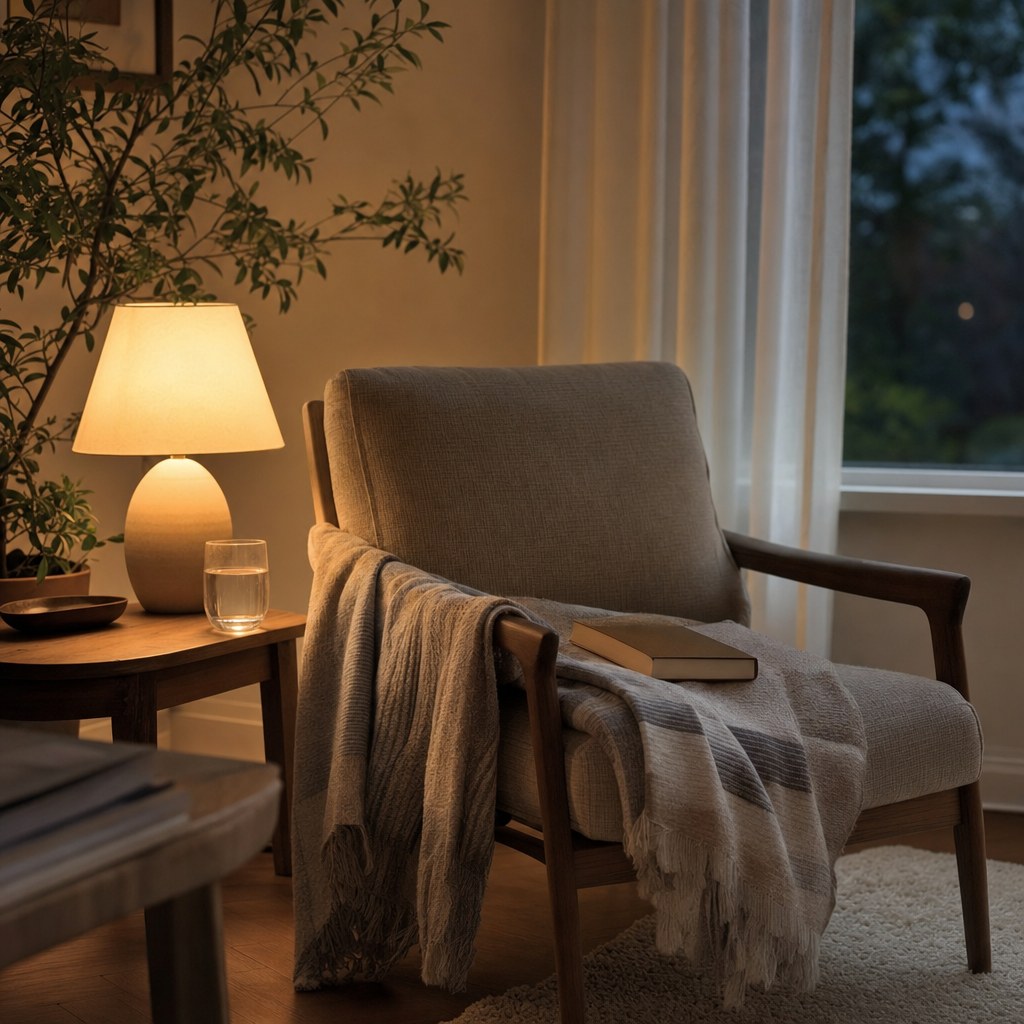 A quiet reading chair with a warm lamp and folded throw