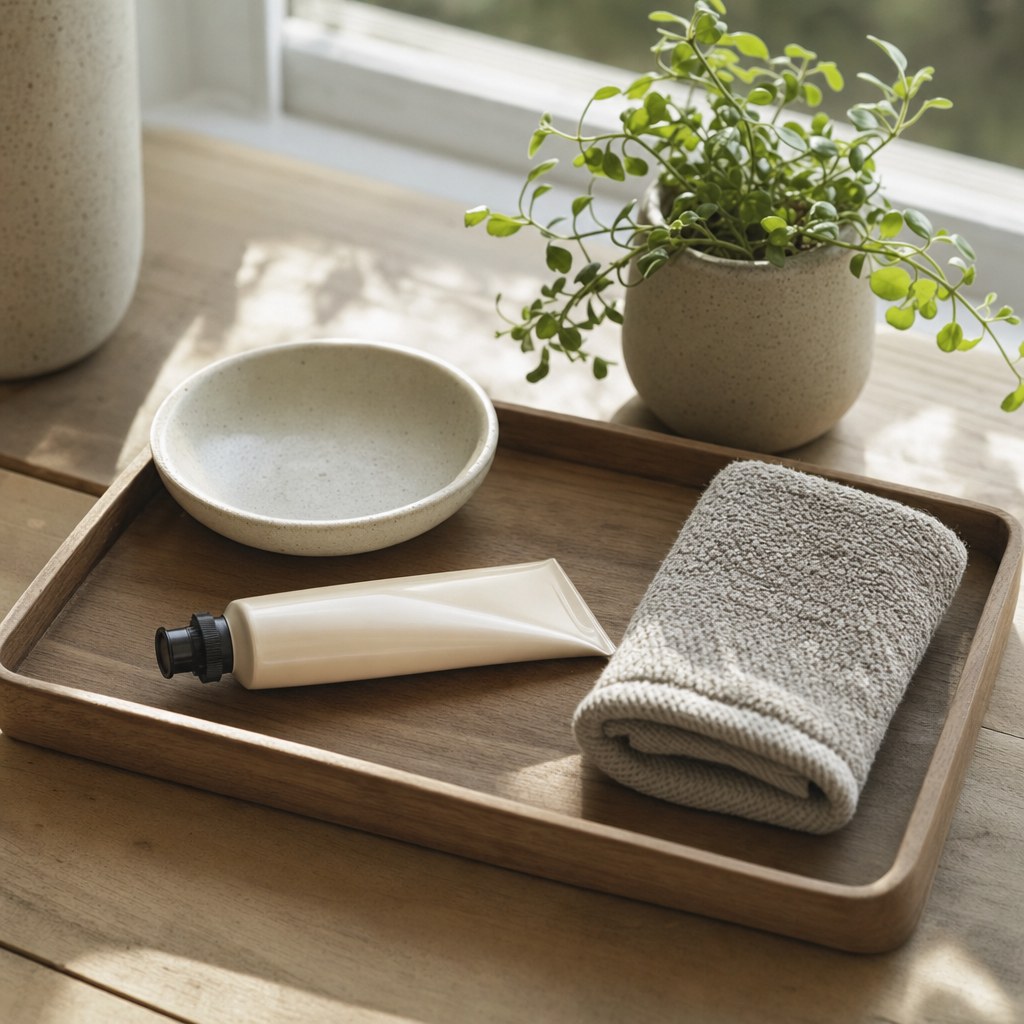 A simple tray with hand cream, a washcloth, and a small plant