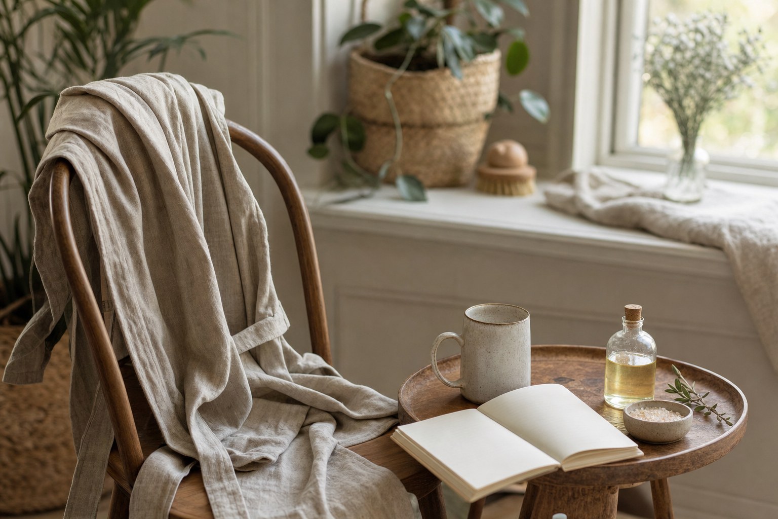 Linen robe, tea, notebook, and bath oil beside a sunny window