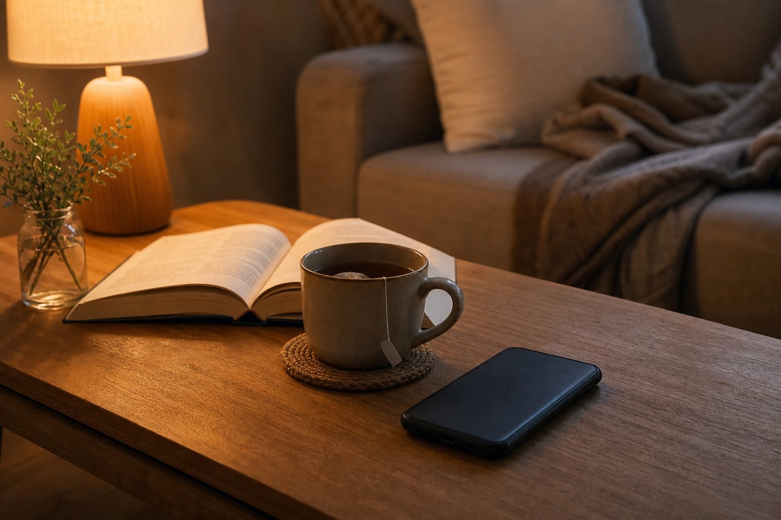 A phone resting face down beside tea and an open book on a wooden table