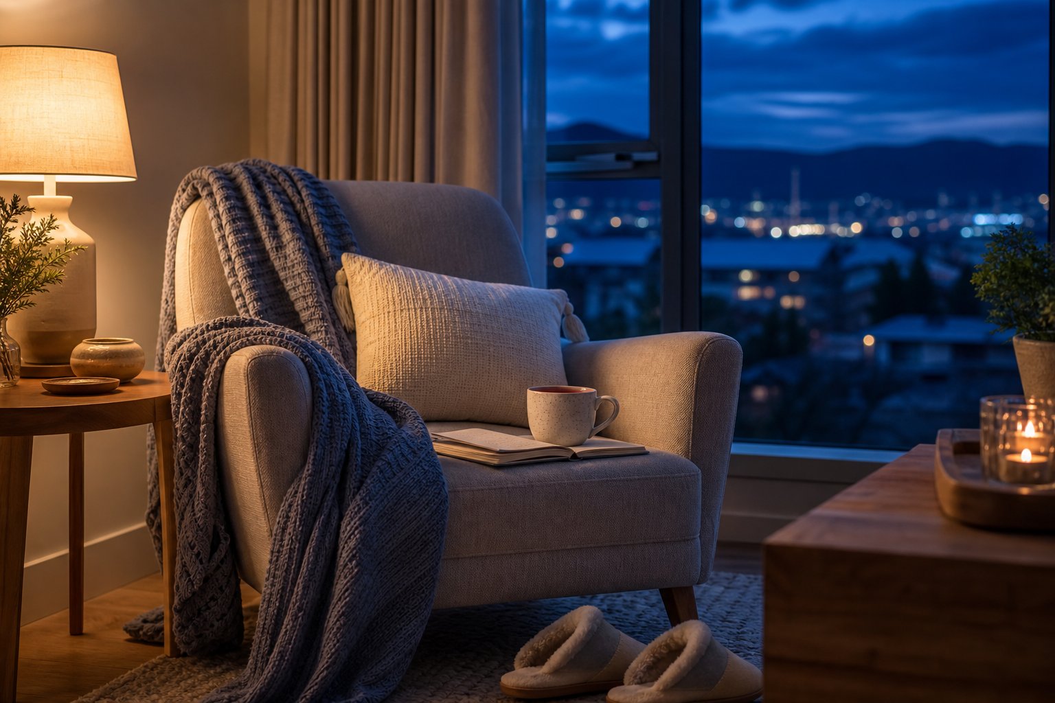 An armchair with a knit throw, tea, and a notebook beside an evening window