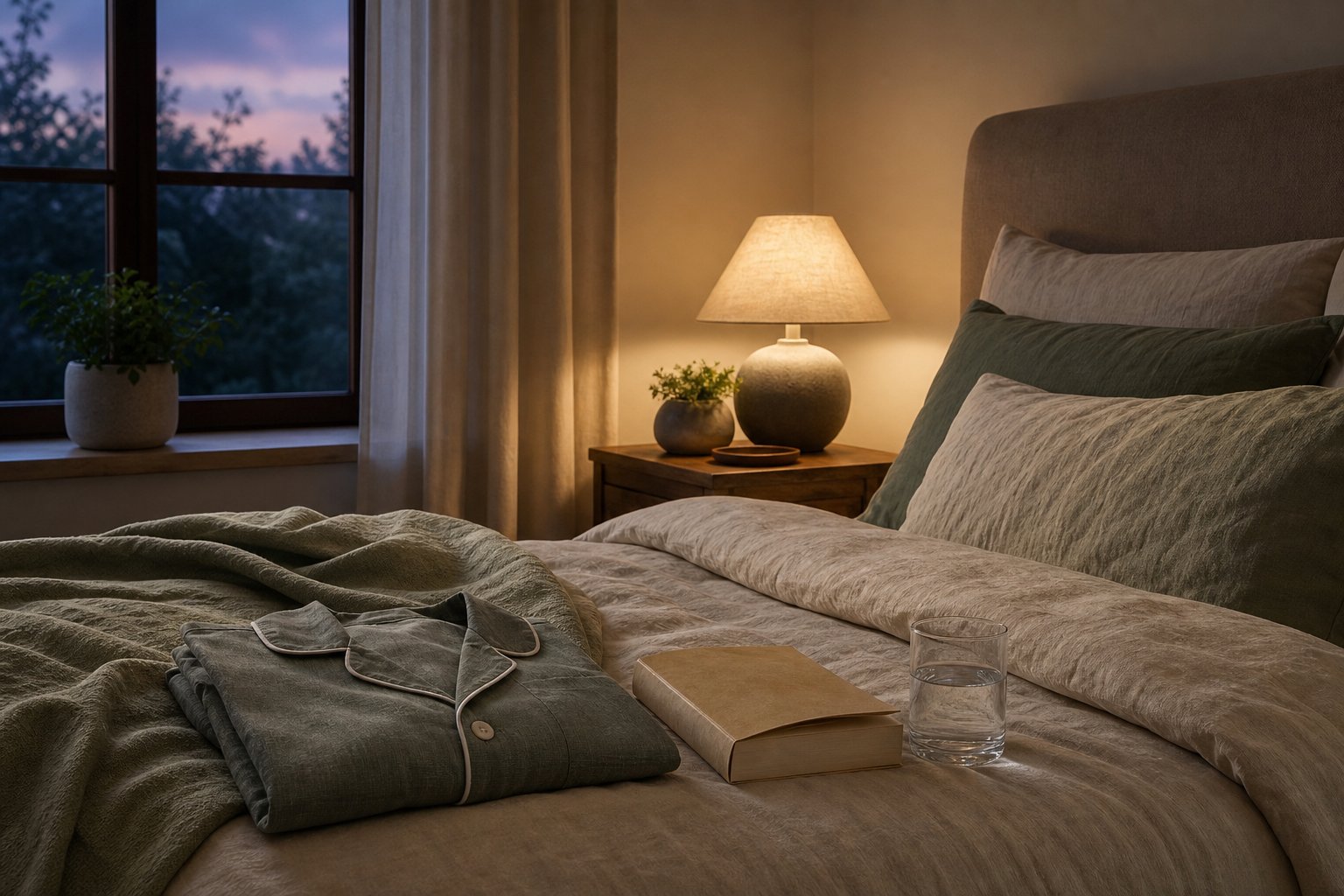 A made bed with folded sleepwear, a book, and a softly glowing bedside lamp
