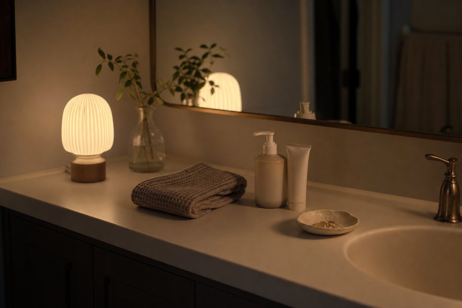 A folded washcloth and simple skincare products on a softly lit bathroom counter