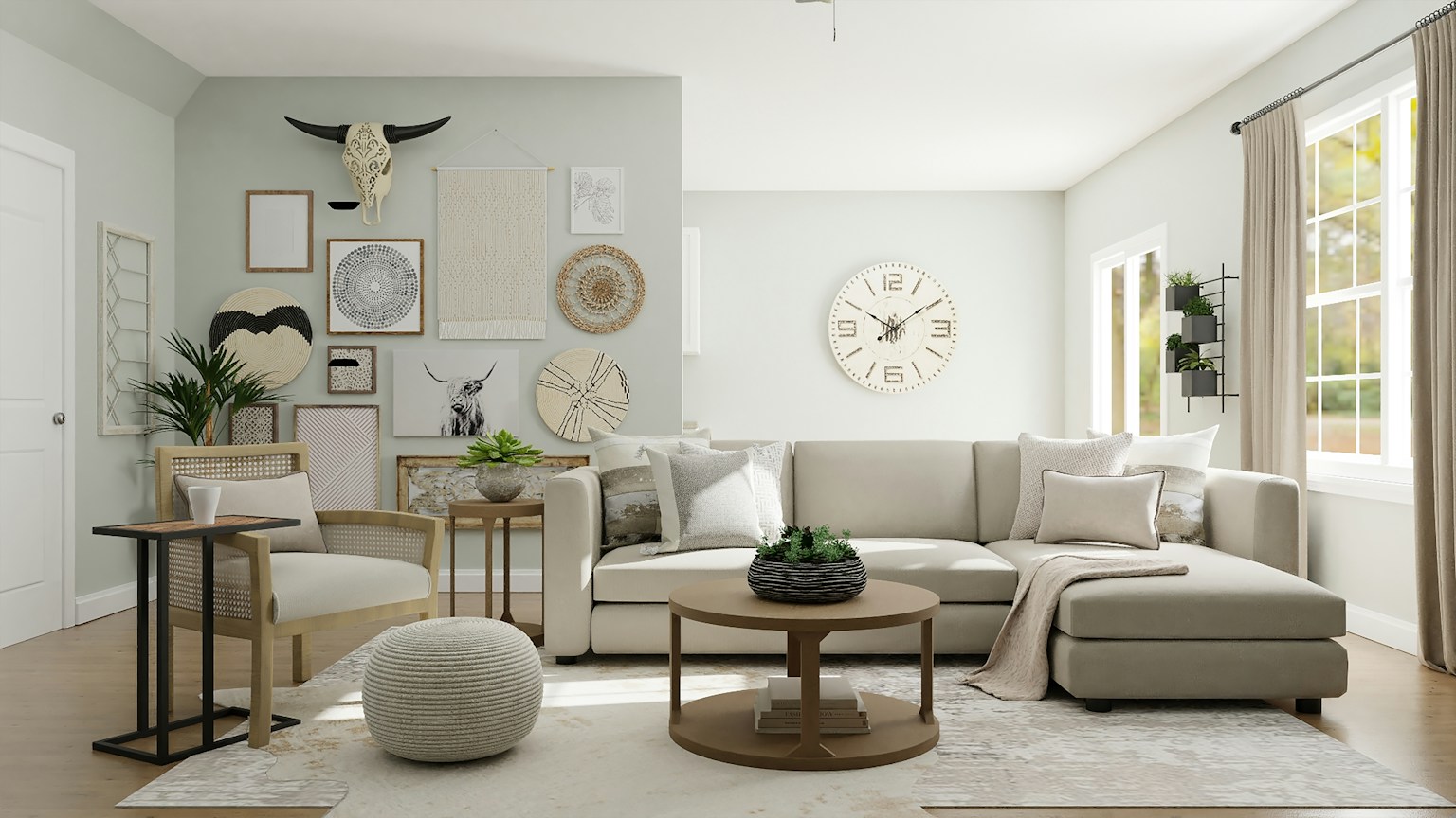 A bright, orderly living room with a sofa, storage basket, and a few well-chosen details