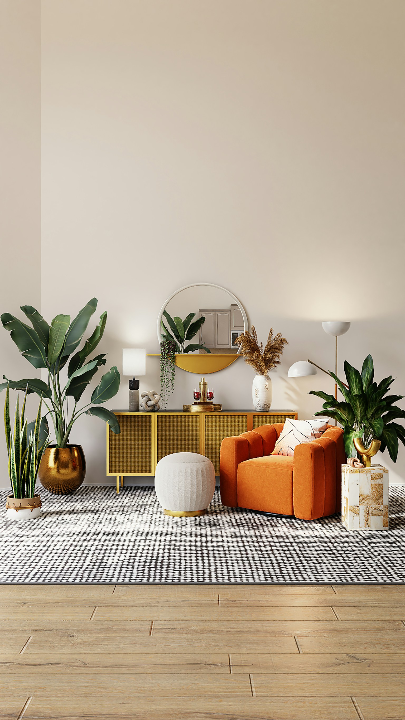 A warm living room with a woven basket, books, and a calm sofa corner