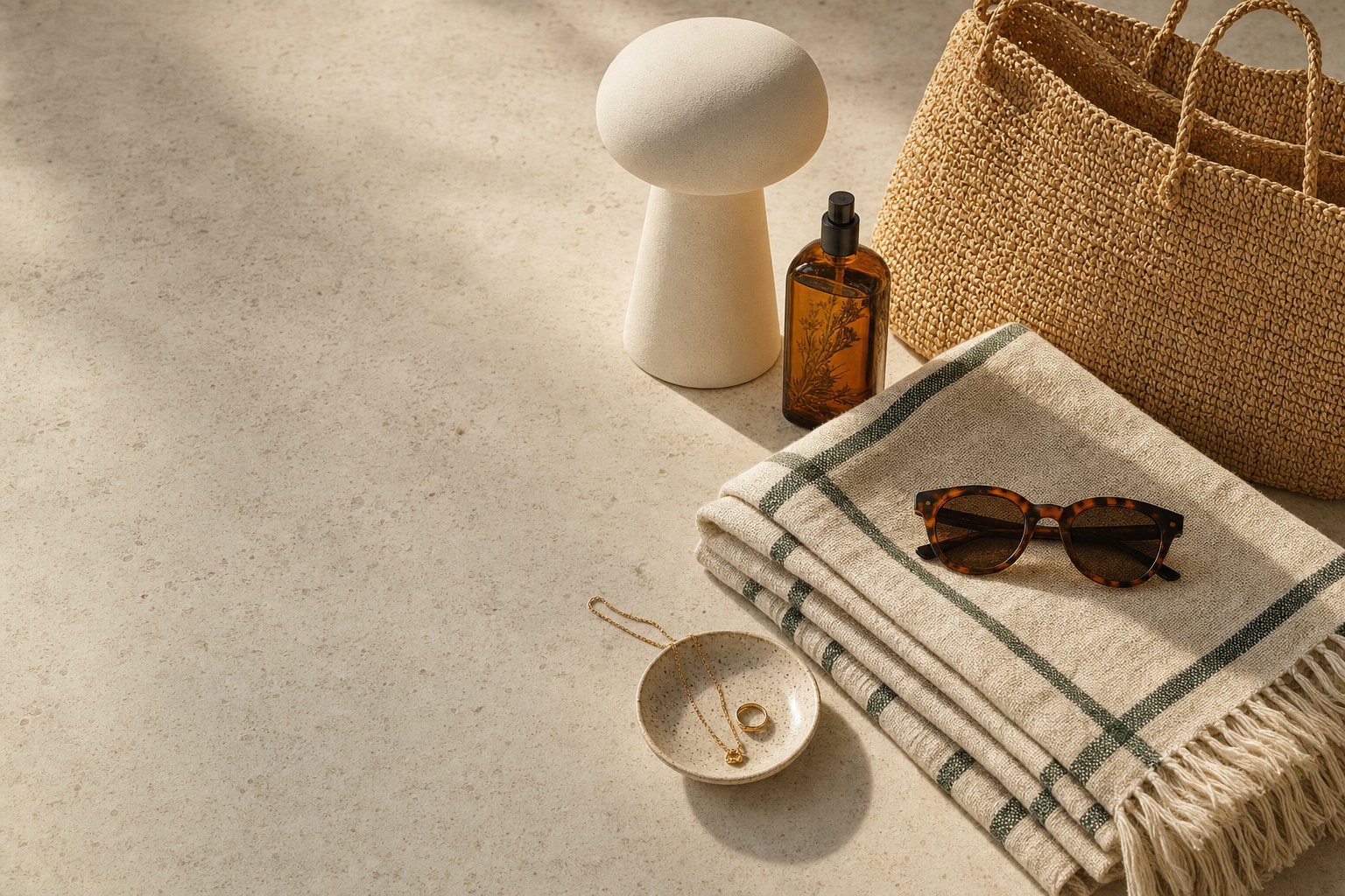 Warm lifestyle still life with linen, ceramic decor, body oil, sunglasses, and jewelry