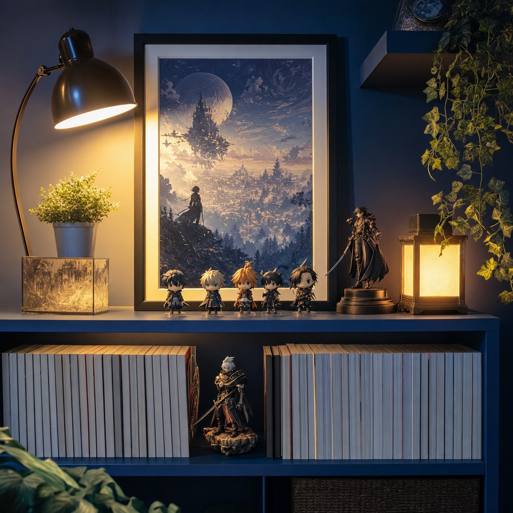 Anime-inspired shelf with framed fantasy art, collectibles, and warm lighting