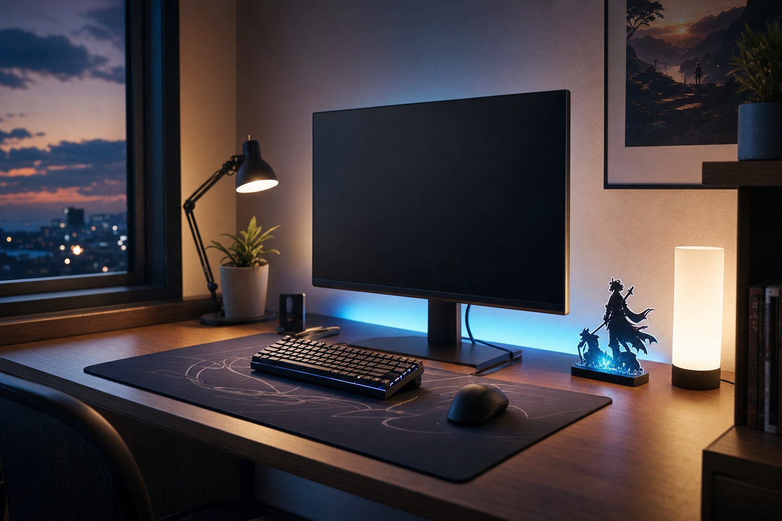 Anime-inspired gaming desk with soft blue backlighting and a large desk mat