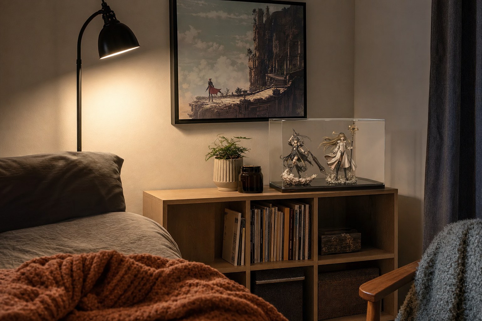 Cozy bedroom display corner with a framed print, lamp, bookshelf, and collectible case