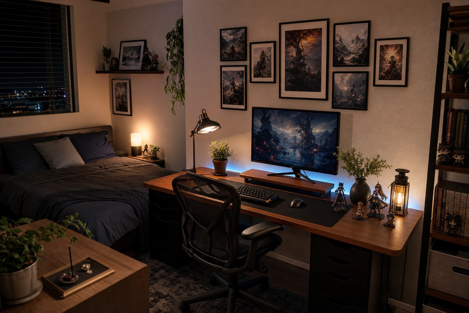 Anime-inspired bedroom and desk setup with art, lighting, and collectibles