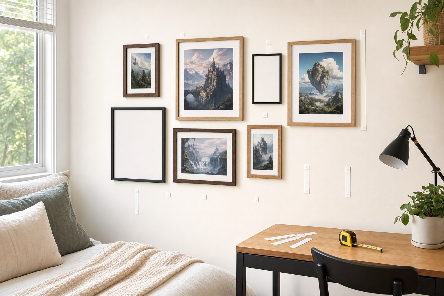 Renter-friendly gallery wall plan above a compact bedroom desk
