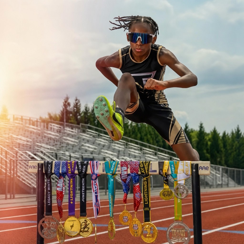 Virginia Pride athlete clearing a hurdle on an outdoor track