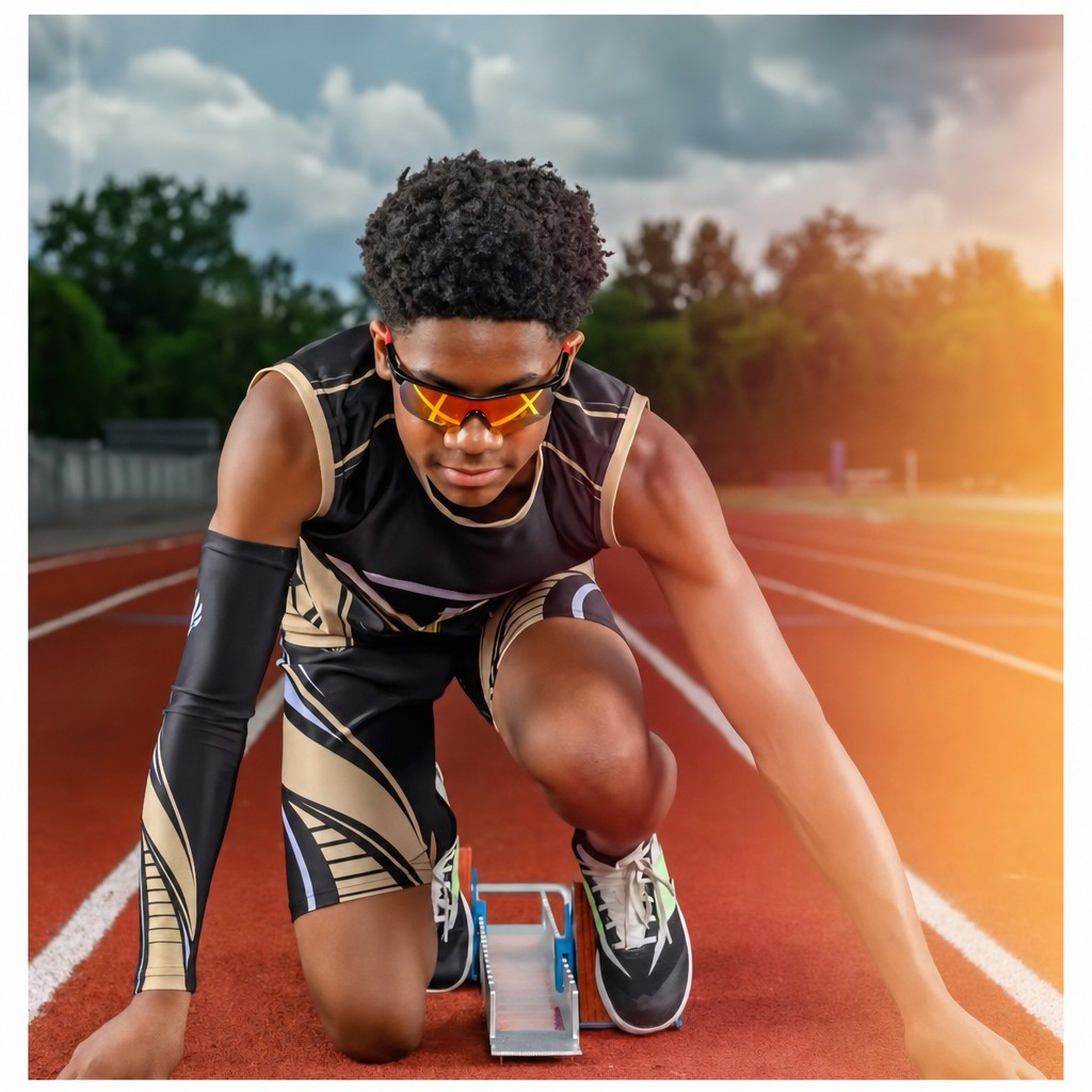 Virginia Pride athlete set in starting blocks on the track