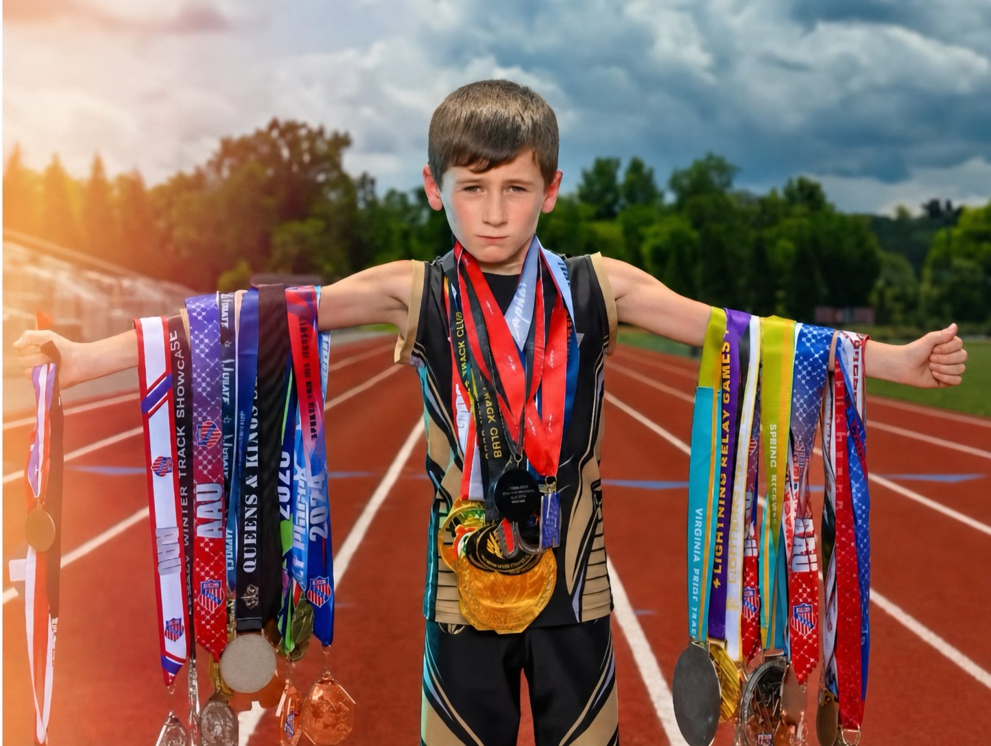Virginia Pride athlete displaying a collection of earned medals