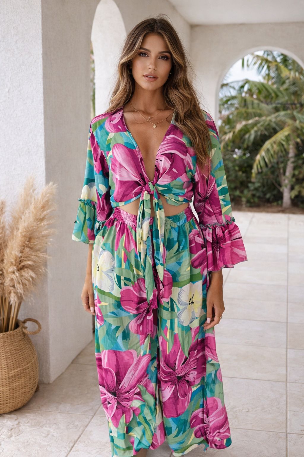 Hibiscus Breeze Cold-Pressed Silk Pant Set in a colorful floral print