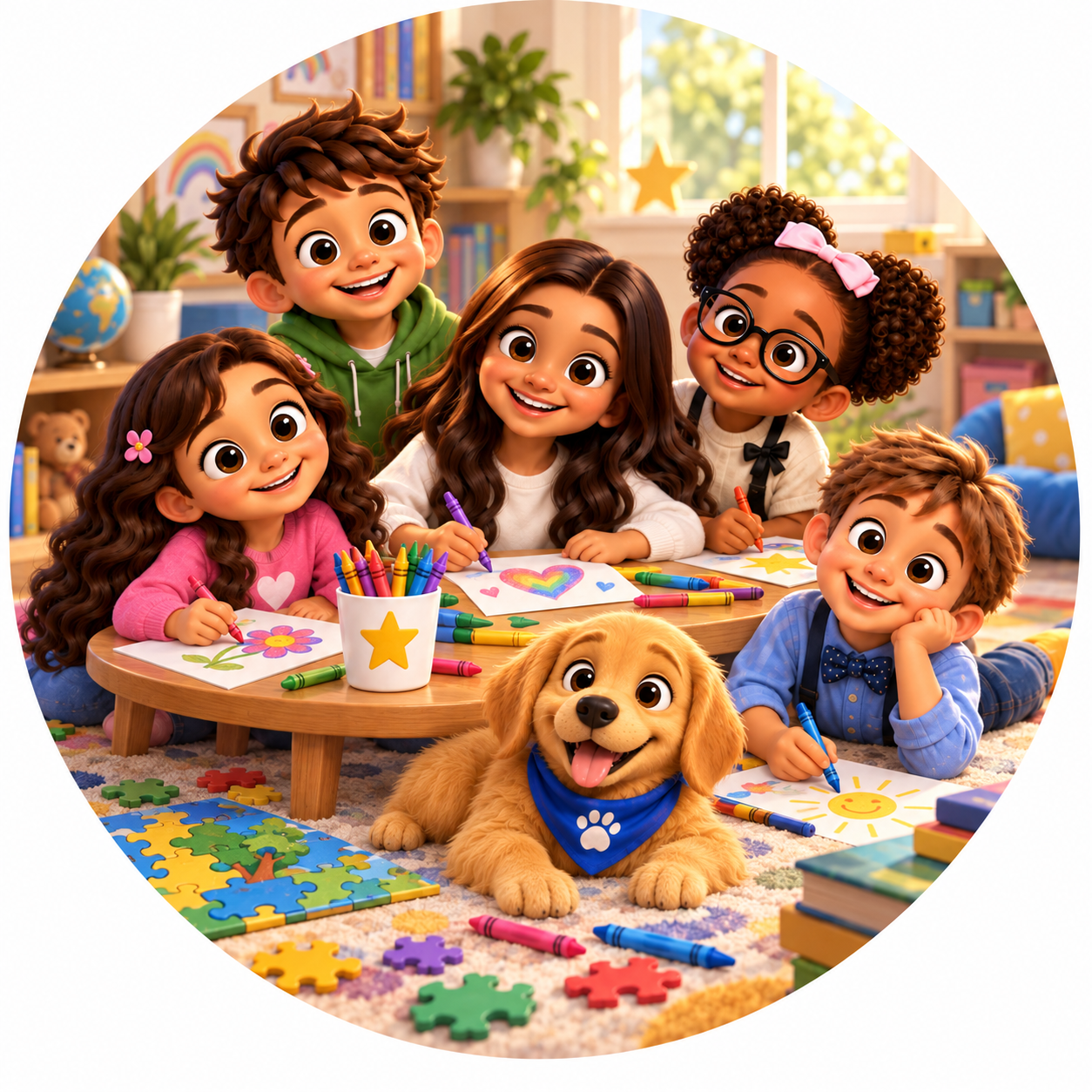 Children creating together with Max in a sunny activity room