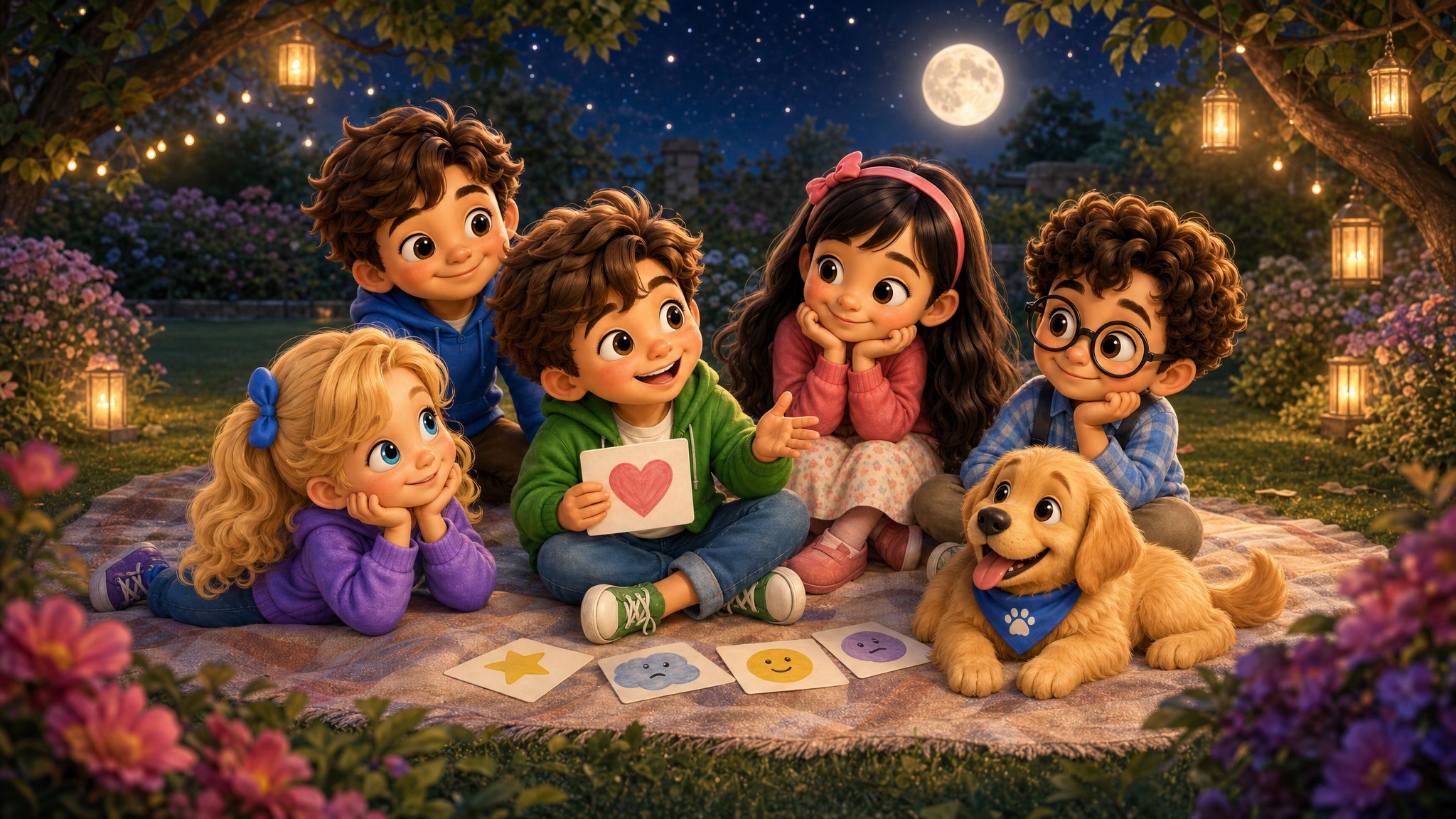 Zana Bright World friends and Max sharing feelings together in a moonlit garden