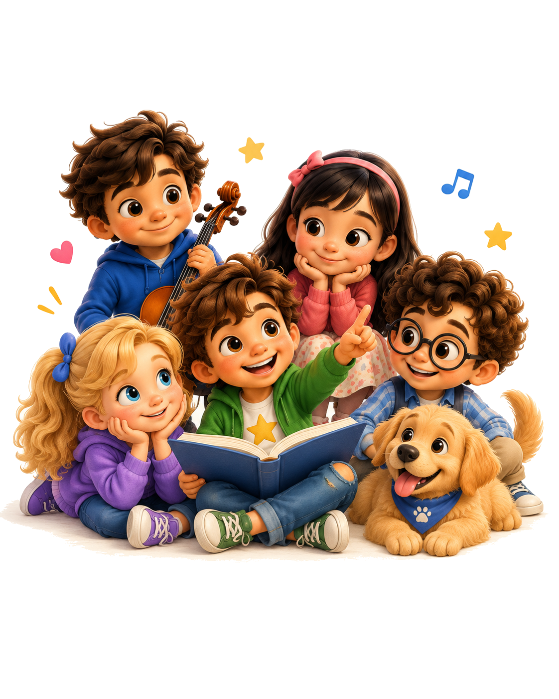Zana Bright World friends reading together with their puppy