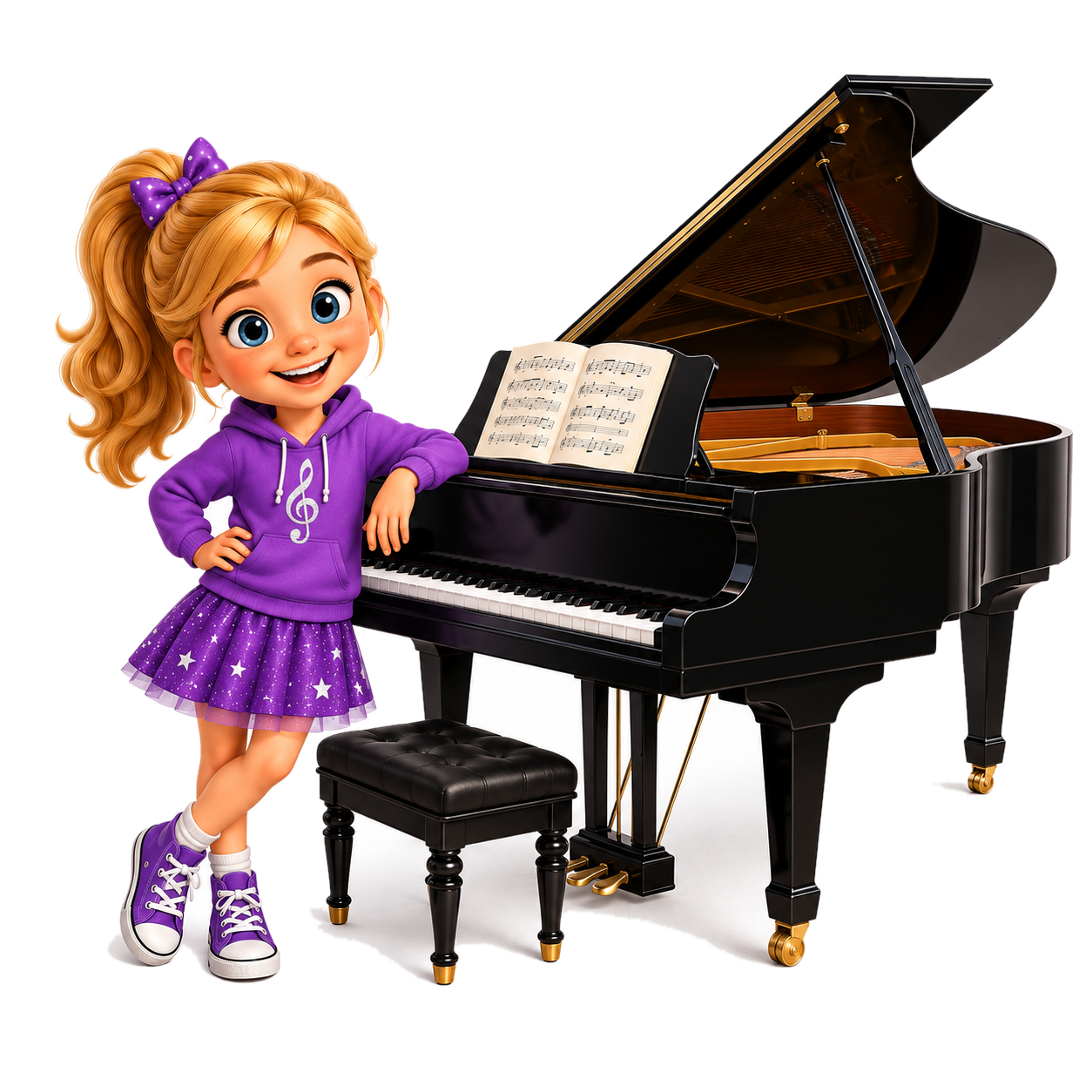 Zana Bright World friend beside a grand piano