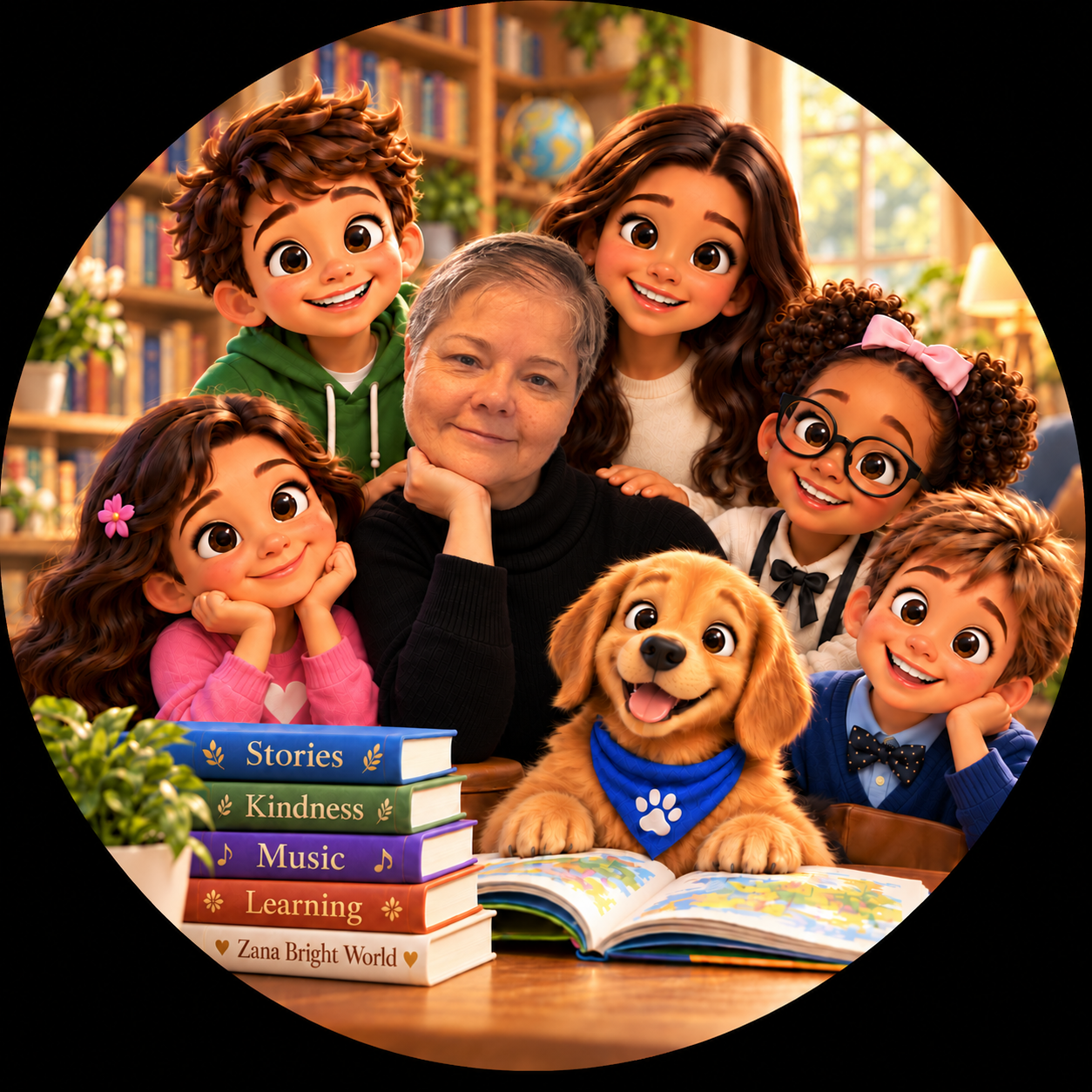 Zana Bright with children, Max, and books