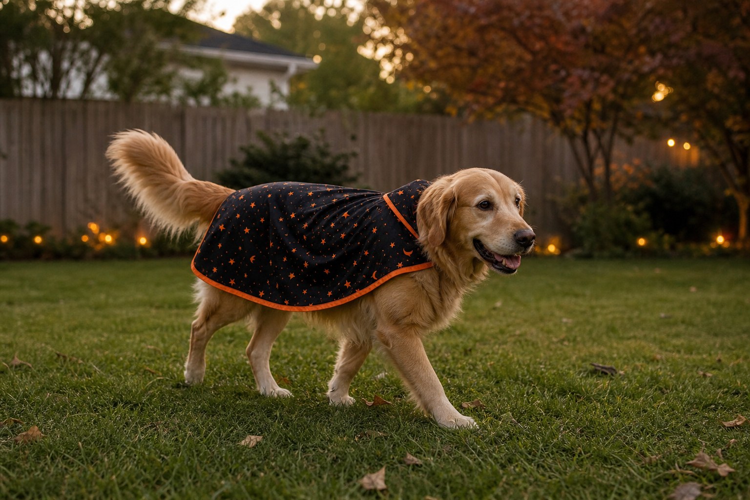 Dog walking naturally in a lightweight cape-style Halloween costume outdoors