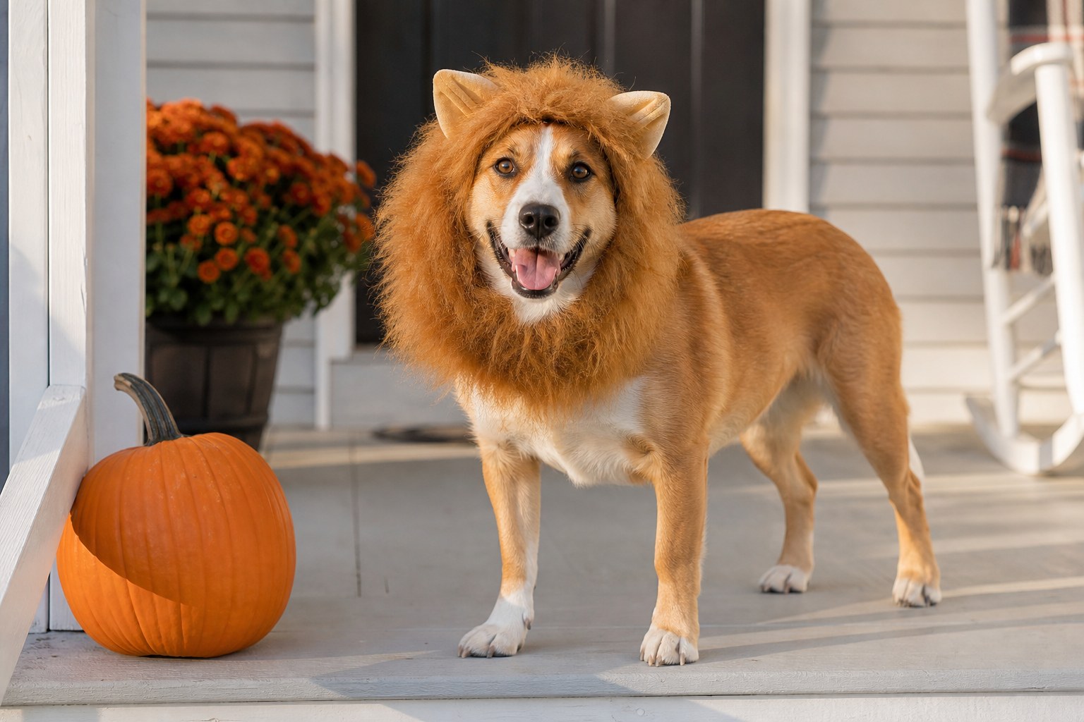 Dog in a lightweight lion costume beside a pumpkin