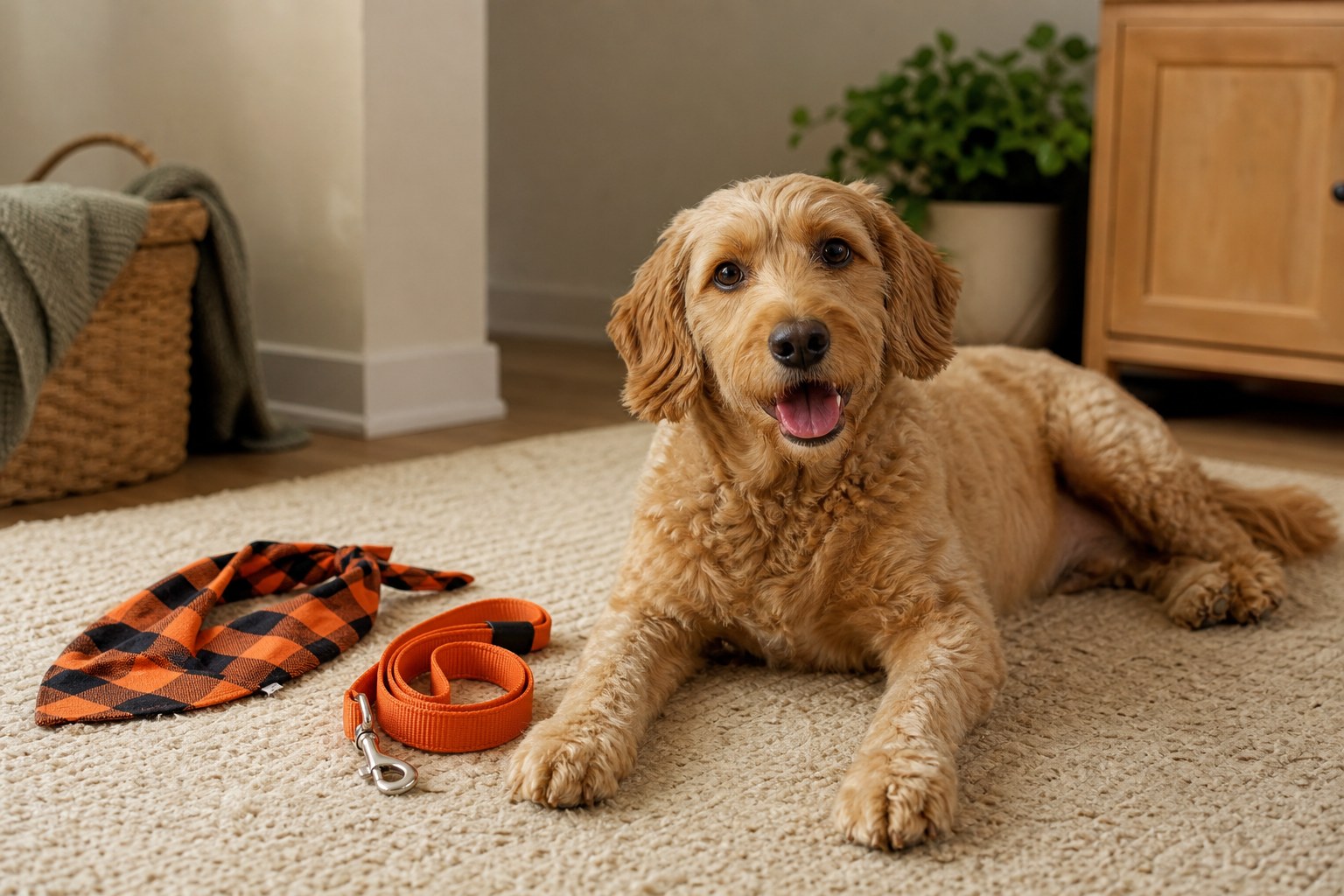 Relaxed dog beside a festive bandana and leash, showing a low-stress Halloween alternative