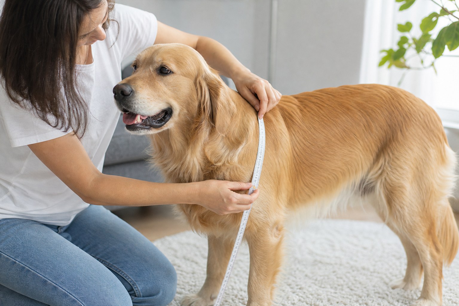 Owner measuring a calm dog’s chest with a soft tape measure