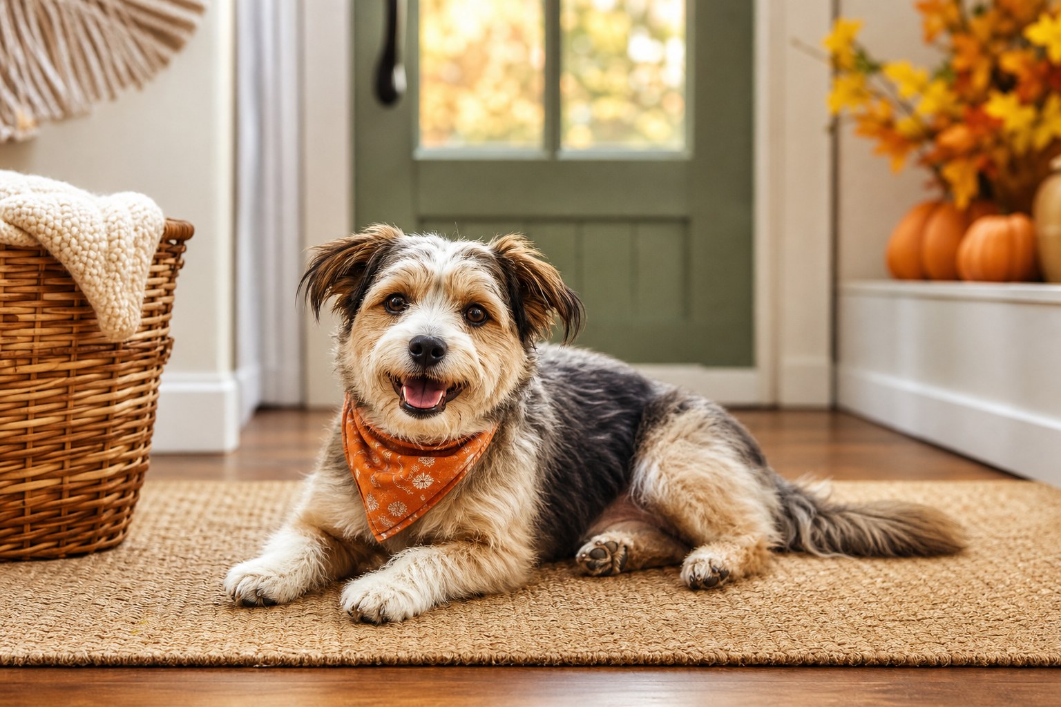 Relaxed dog wearing an orange bandana at home