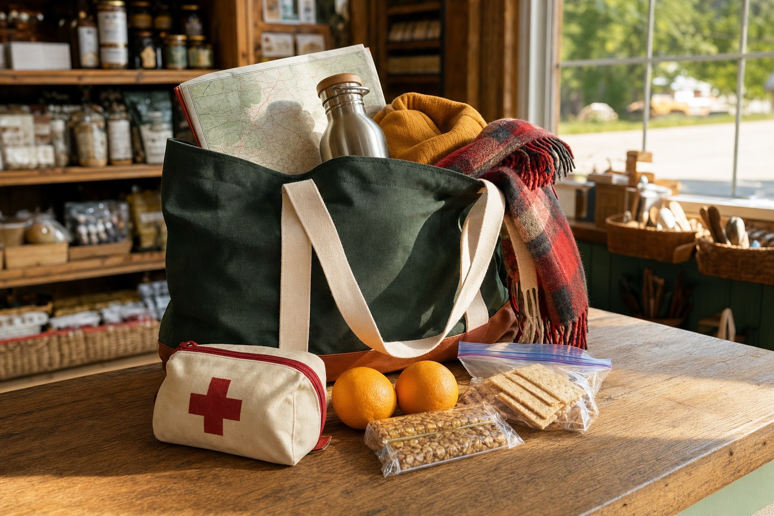 A road trip tote packed with snacks, fruit, a map, water, and a first-aid pouch