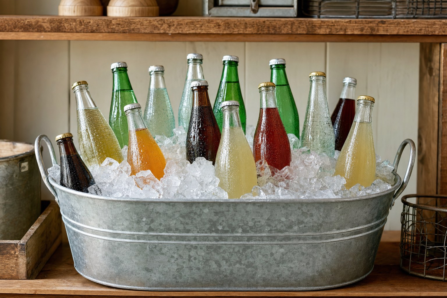 A tub of cold unbranded bottled drinks on ice