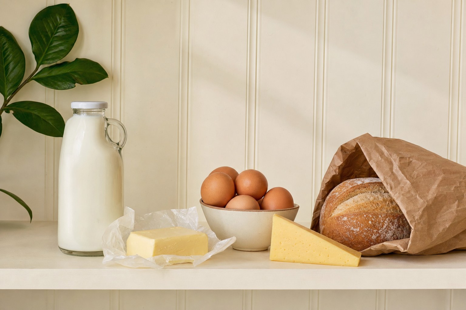 Milk, eggs, butter, cheese, and bread on a kitchen shelf