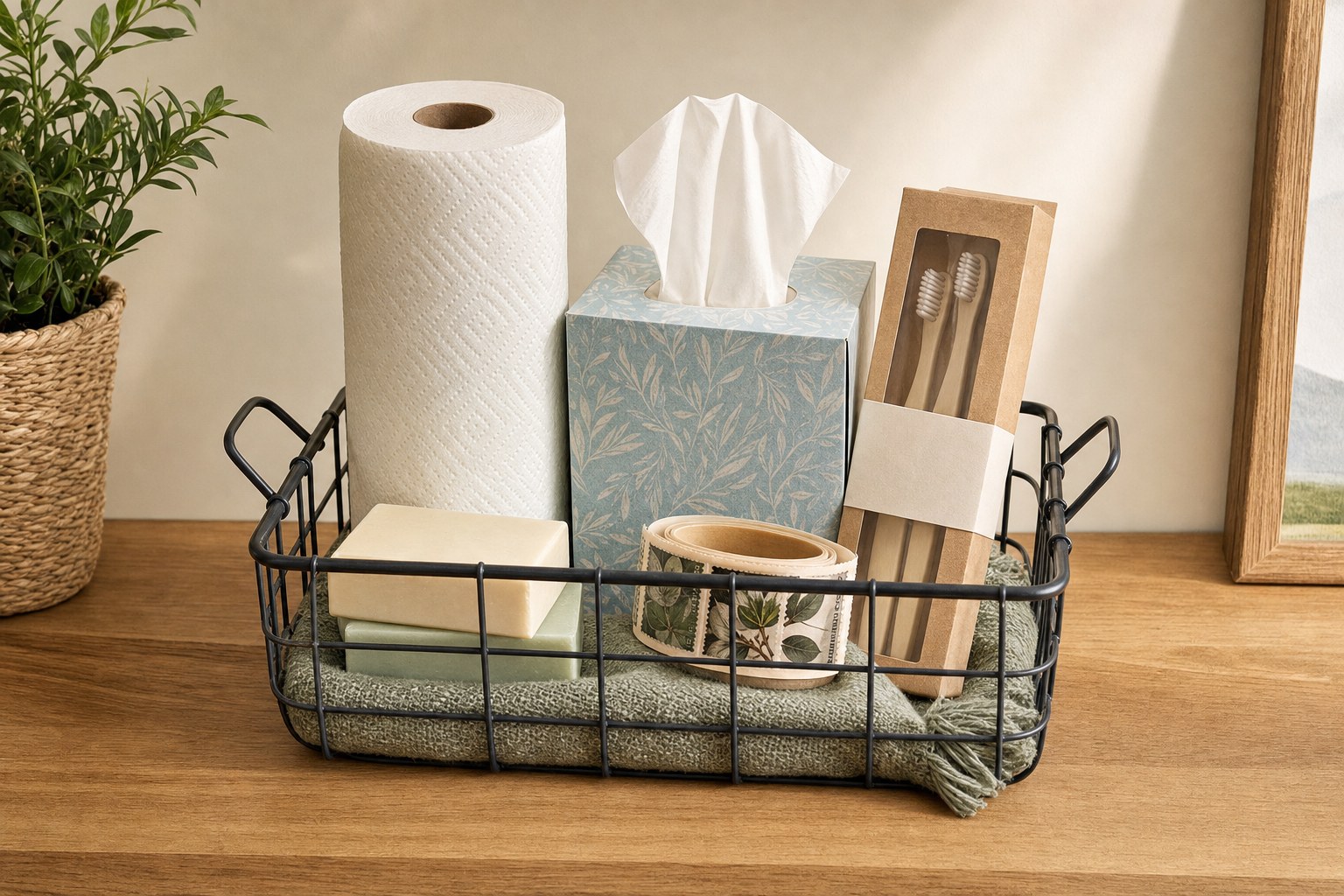 A wire basket of household essentials