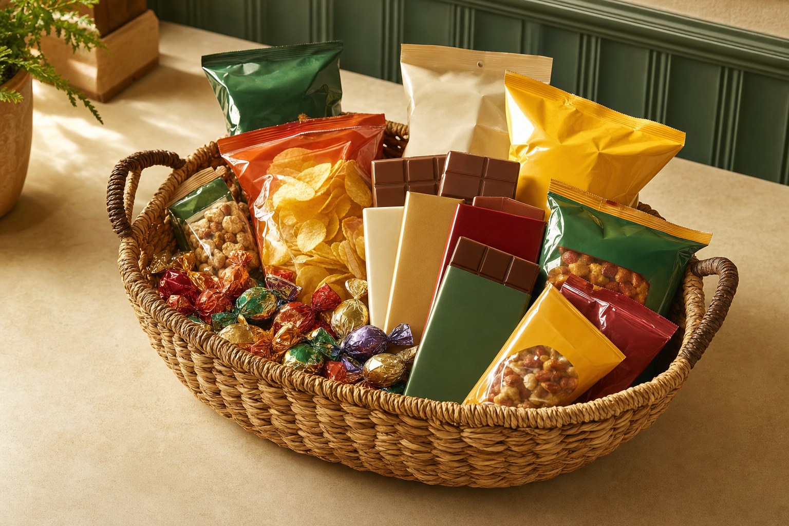 A woven basket filled with generic candy and snacks