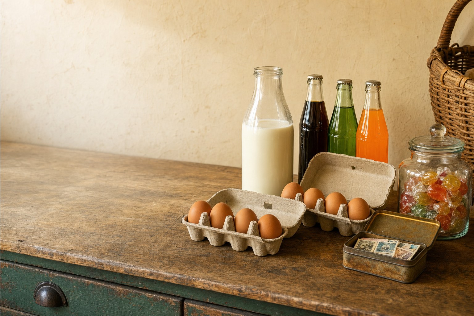 Milk, eggs, cold drinks, candy, and stamps arranged on a wooden counter