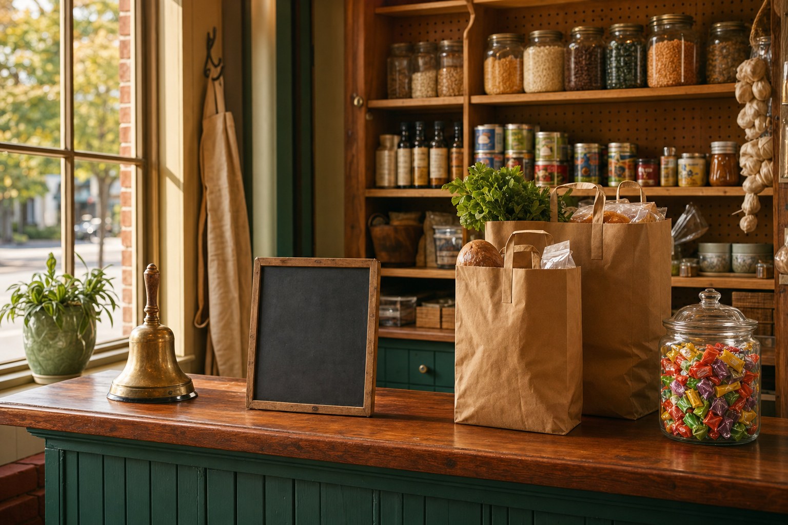 A warm general-store counter with paper grocery bags and a brass bell