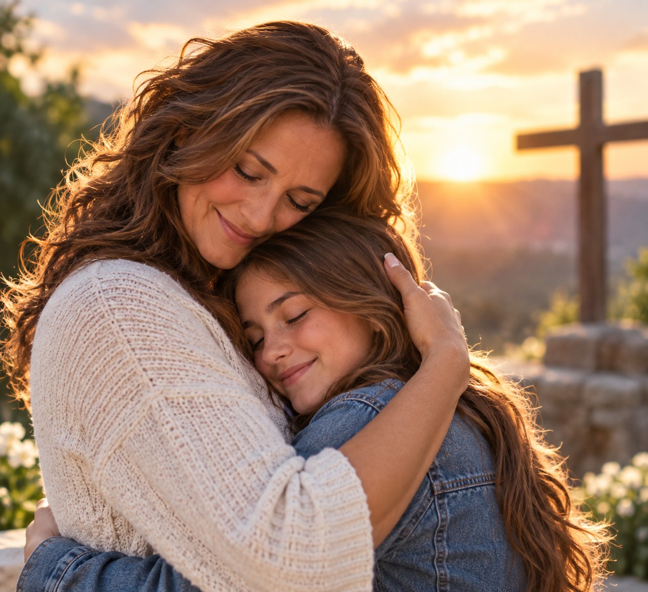 A mother and daughter sharing a peaceful embrace