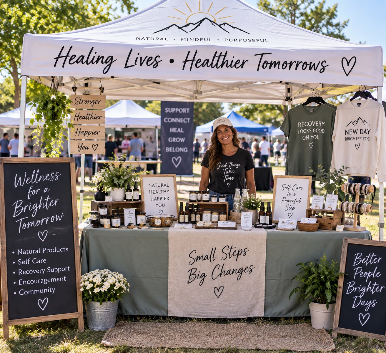 A welcoming wellness vendor booth at a community gathering